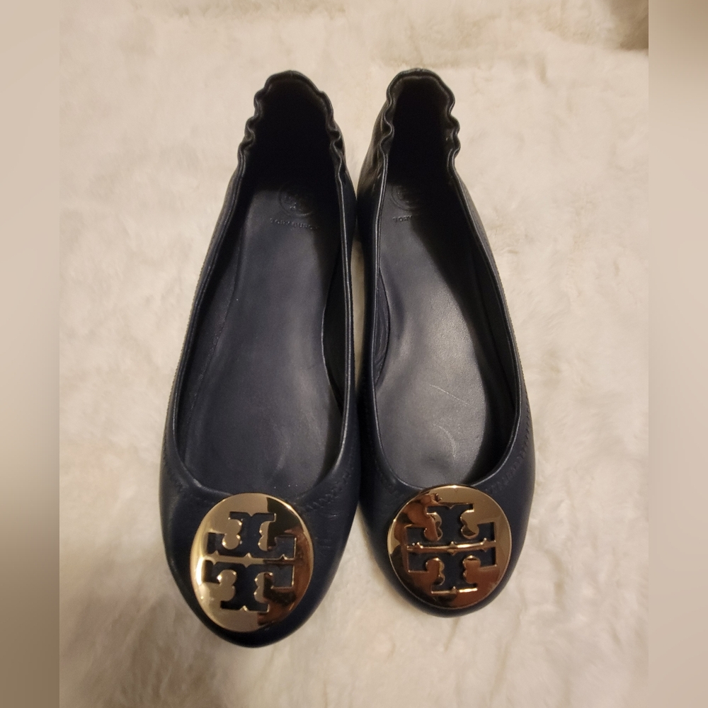 Tory Burch Blue Flats with Gold Emblem and Rounded Toe